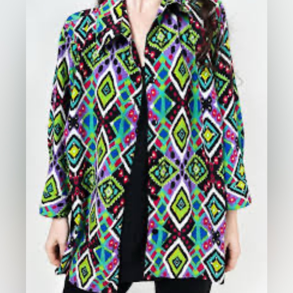 Two-fer Colorful Button Down 3/4 Sleeves Tunic  Top Attached Shell Size 1X